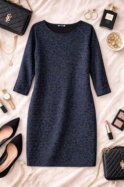 LOFT Women's Leopard Print Wool Sweater Dress Blue Black Knit 3/4 Sleeve Size L